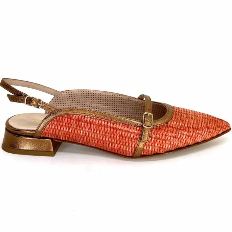 Ivoire0532 Ballerines Bride Arriere Ivoire X1406 Raffia Cuir Bronze Orange New