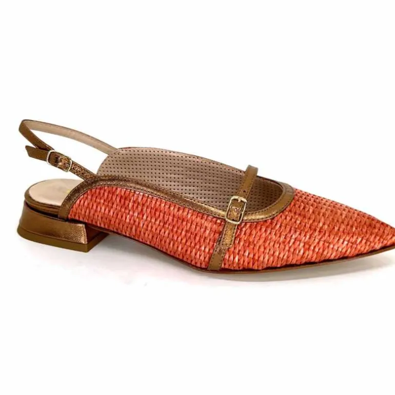 Ivoire0532 Ballerines Bride Arriere Ivoire X1406 Raffia Cuir Bronze Orange New