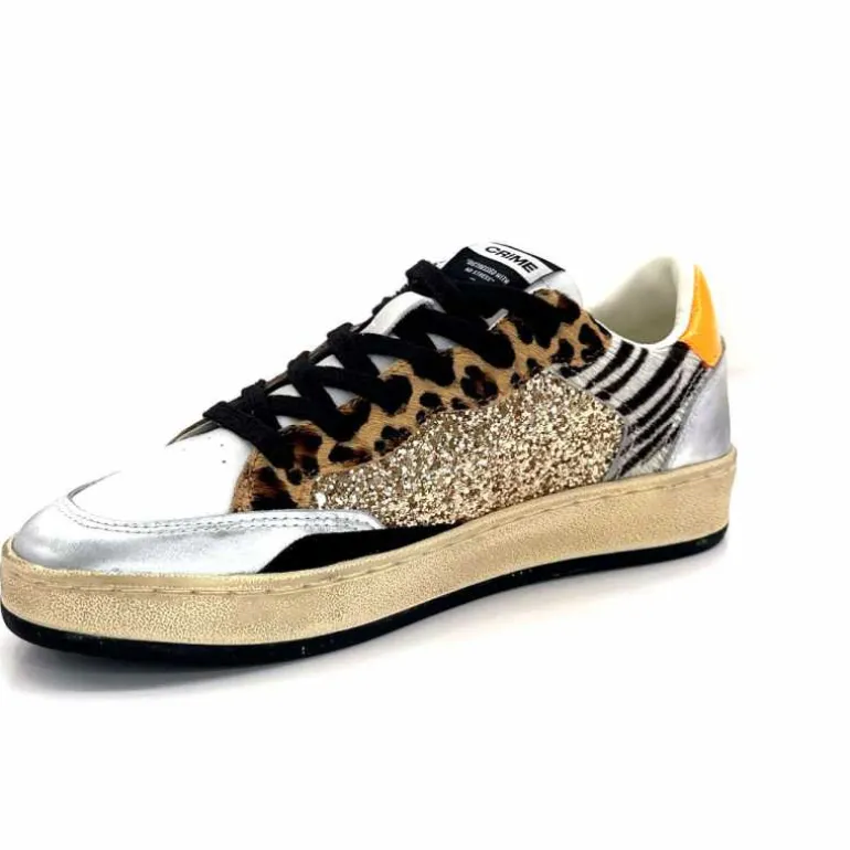 Crime London Baskets 21201 Cuir Blanc Argent Or Léo Orange Multicolore Clearance