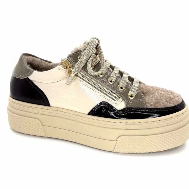 Elena Baskets Fourrées 20124 GillCuir Crème Marron Gris BlancGrisClairMarron Fashion
