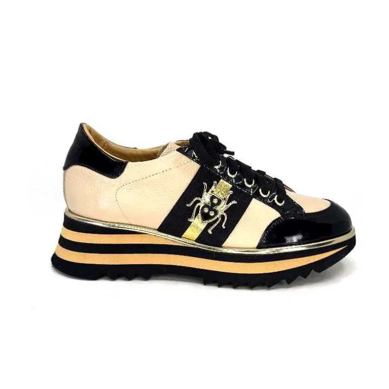 Ivoire0347b Baskets Ivoire H985M Cuir Vernis Beige Noir Clearance