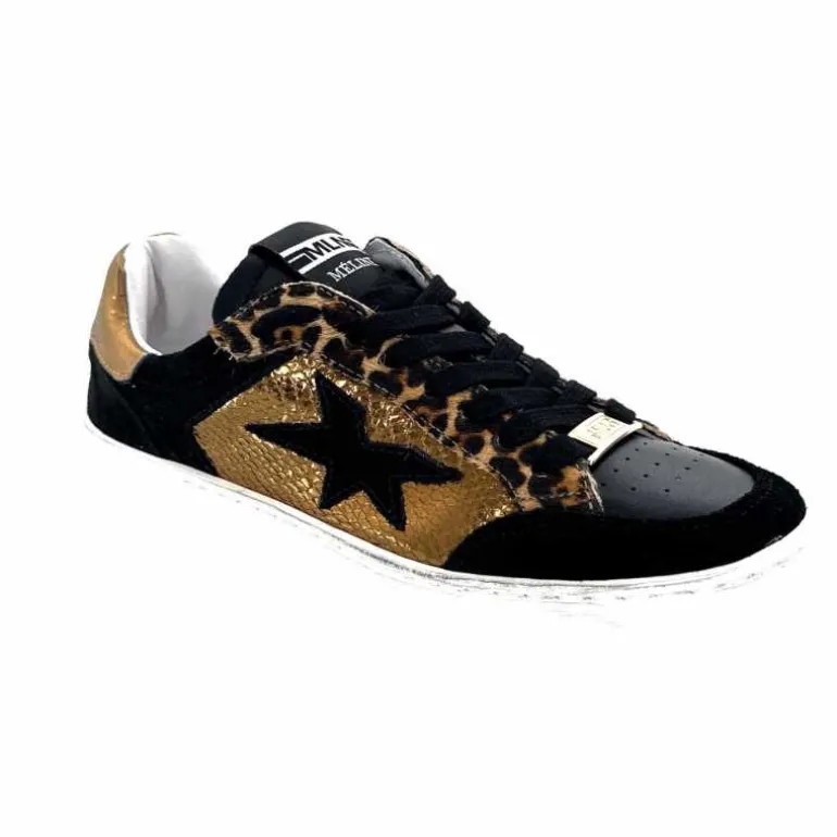 Méliné Baskets Pad 57 Cuir Doré Daim Léopard Noir Shop