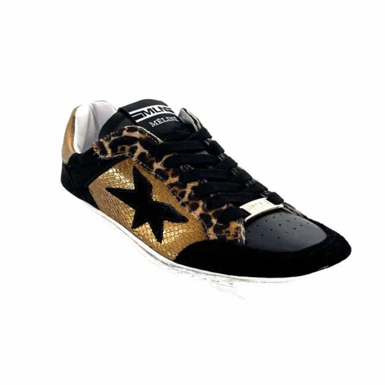 Méliné Baskets Pad 57 Cuir Doré Daim Léopard Noir Shop