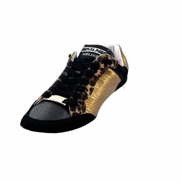 Méliné Baskets Pad 57 Cuir Doré Daim Léopard Noir Shop