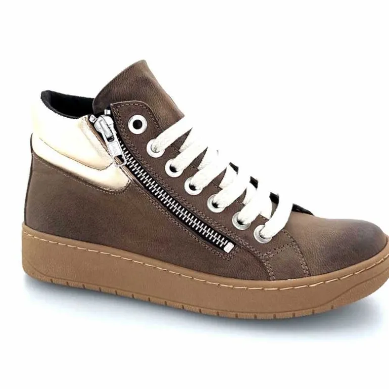 Chacal Baskets Montantes Fermeture Éclair 6954 Cuir Taupe Doré Marron New