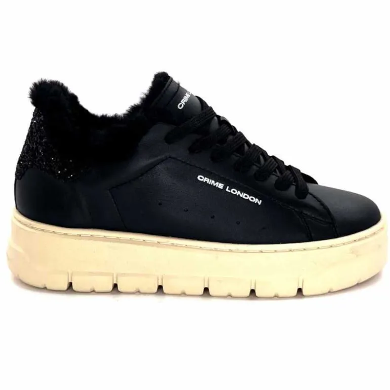 Crime London Baskets Plateforme 21952 Cuir Fourrure Noir Clearance