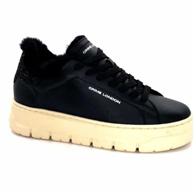Crime London Baskets Plateforme 21952 Cuir Fourrure Noir Clearance