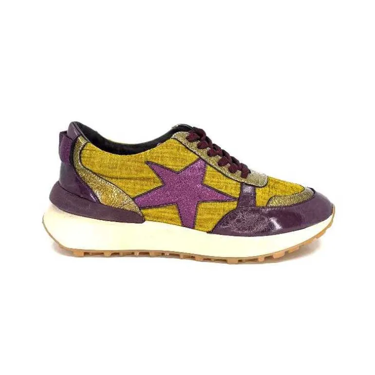 Requin Baskets Running Reqins Urania Mix Cuir Violet Textile Moutarde Jaune Cheap