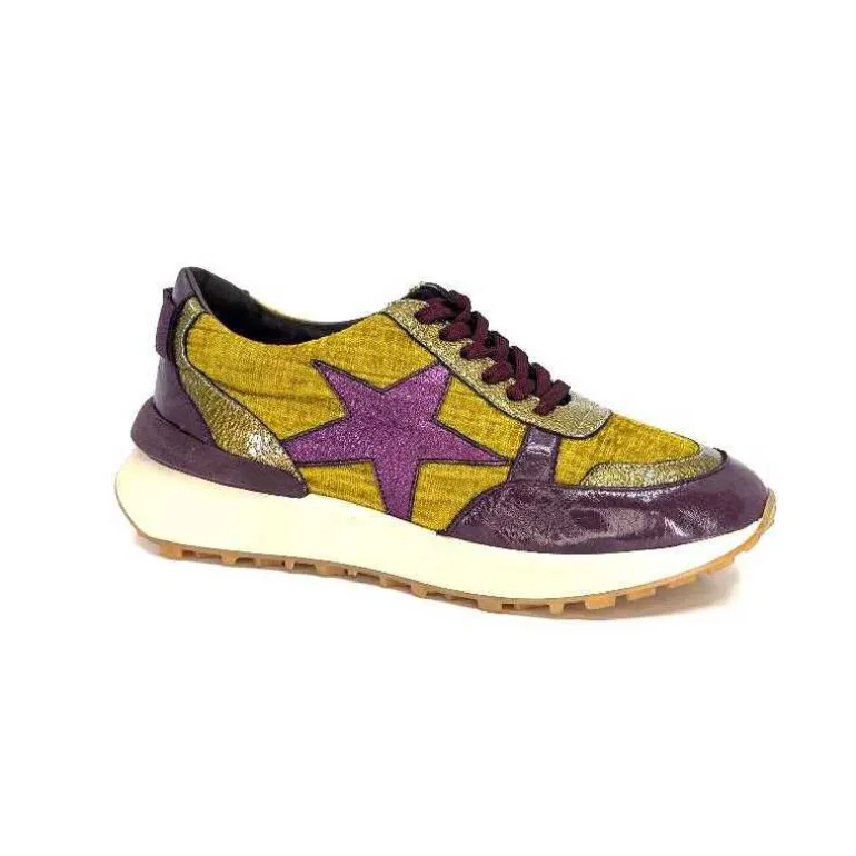 Requin Baskets Running Reqins Urania Mix Cuir Violet Textile Moutarde Jaune Cheap