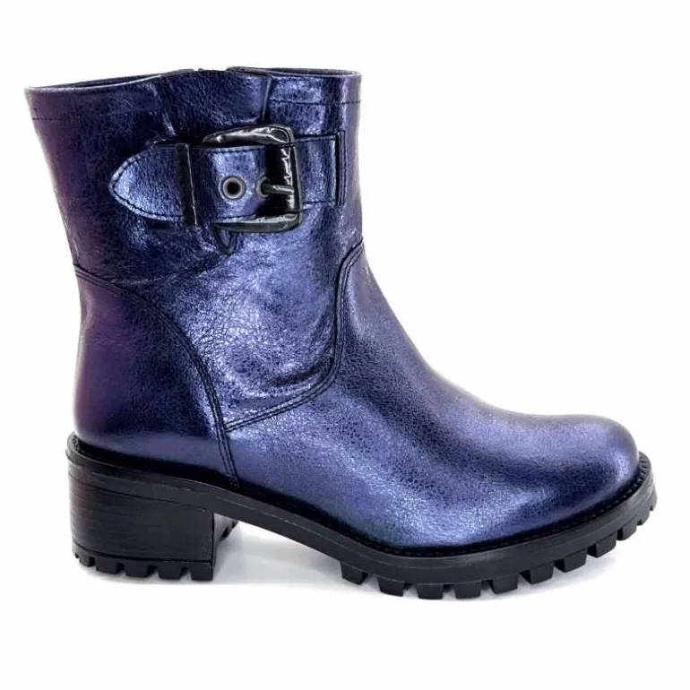 follia dolce Bottines Bikers Ivoire Caici Cuir Bleu Nuit Marine New