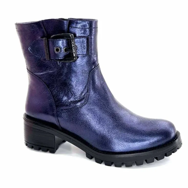 follia dolce Bottines Bikers Ivoire Caici Cuir Bleu Nuit Marine New