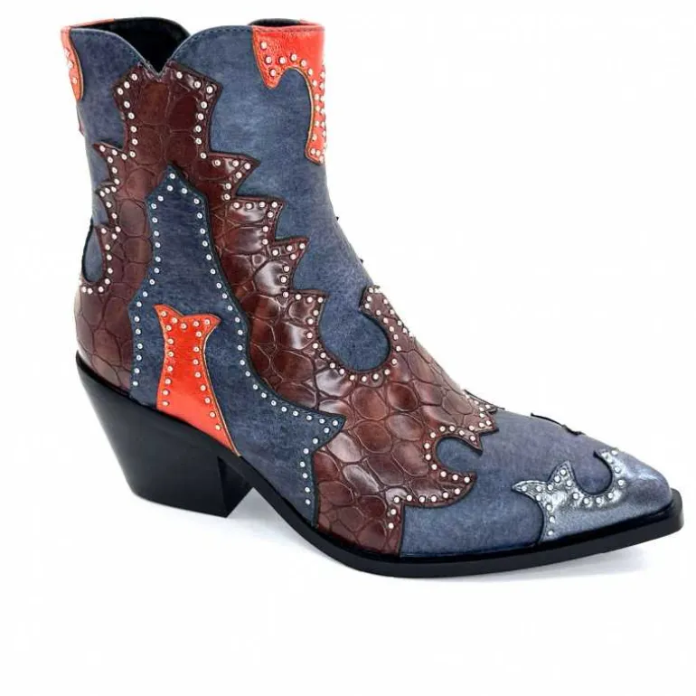 noa harmon Bottines Santiags 9098 Cuir , Marron &amp; Orange Bleu Flash Sale