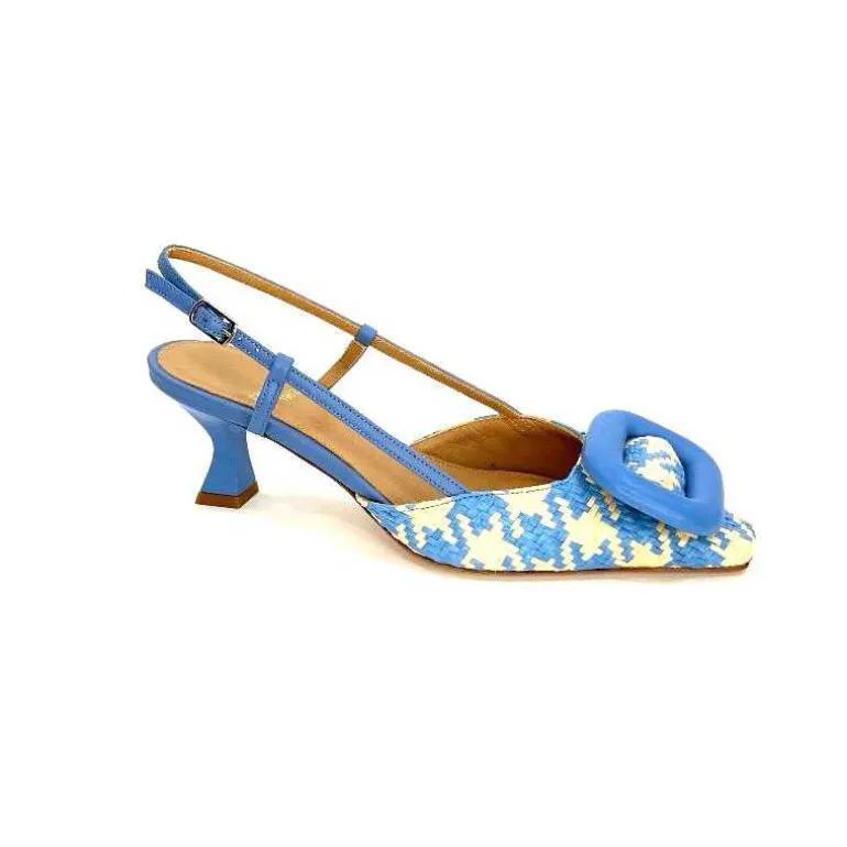 chantal Escarpins Bride Arrière 2247 Cuir Raffia Beige Bleu New