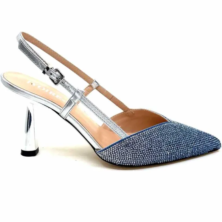 Evaluna Escarpins Bride Arrière Ivoire 1974 Cuir Agrent Strass Bleu Cheap
