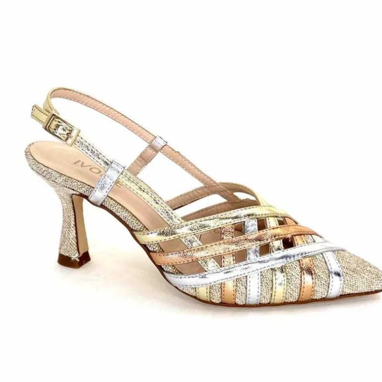 Ivoire0376 Escarpins Bride Arrière Ivoire 20906 Cuir Métallique Textile Beige Cheap