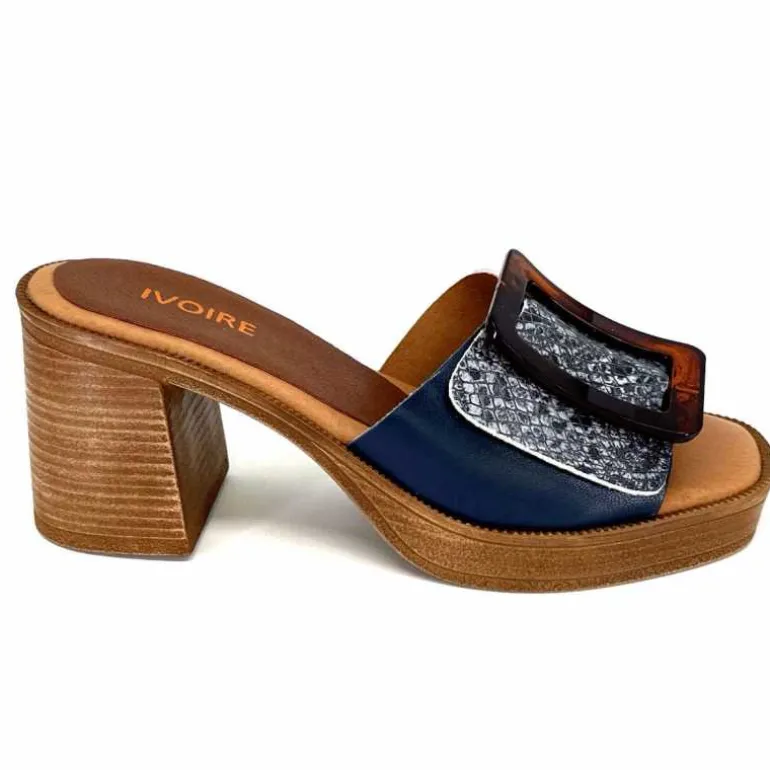 380-ivoire Mules à Talon Ivoire 65383 Bleu & Gris Marine Best