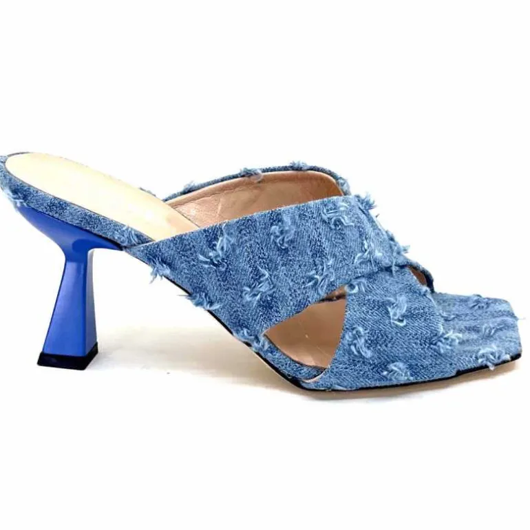 Evaluna Mules à Talon Ivoire 5883 Denim Bleu Fashion