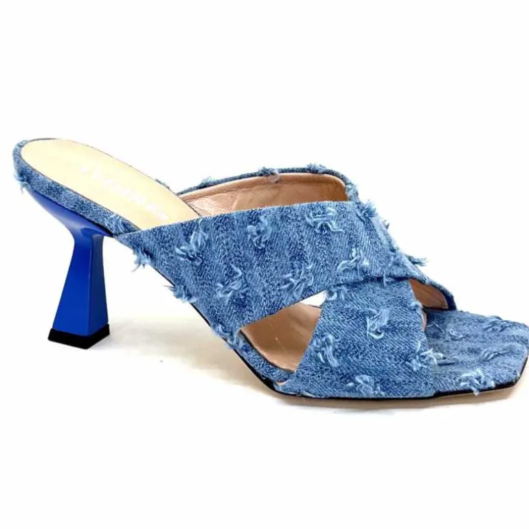 Evaluna Mules à Talon Ivoire 5883 Denim Bleu Fashion
