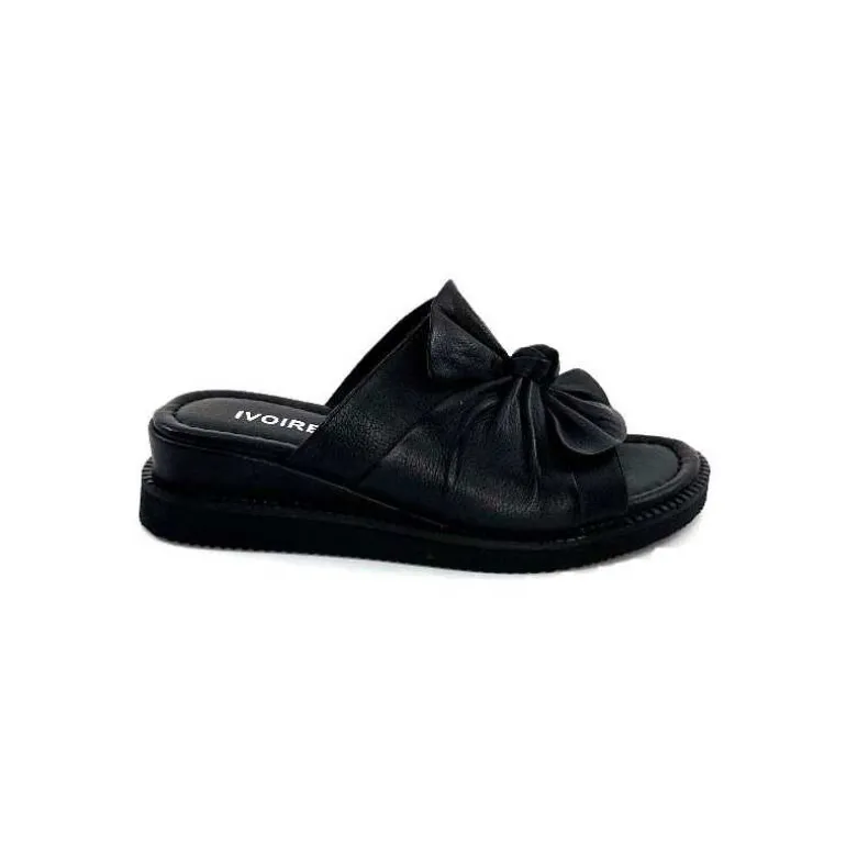 Ivoire-354 Mules Compensées Ivoire 107911 Cuir Noir New