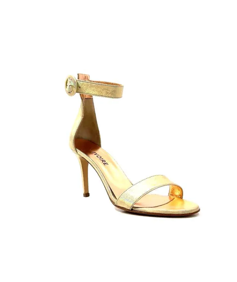 eclair paris Sandales à Talon Haut Ivoire Gian V2 Cuir Métal Or Fashion