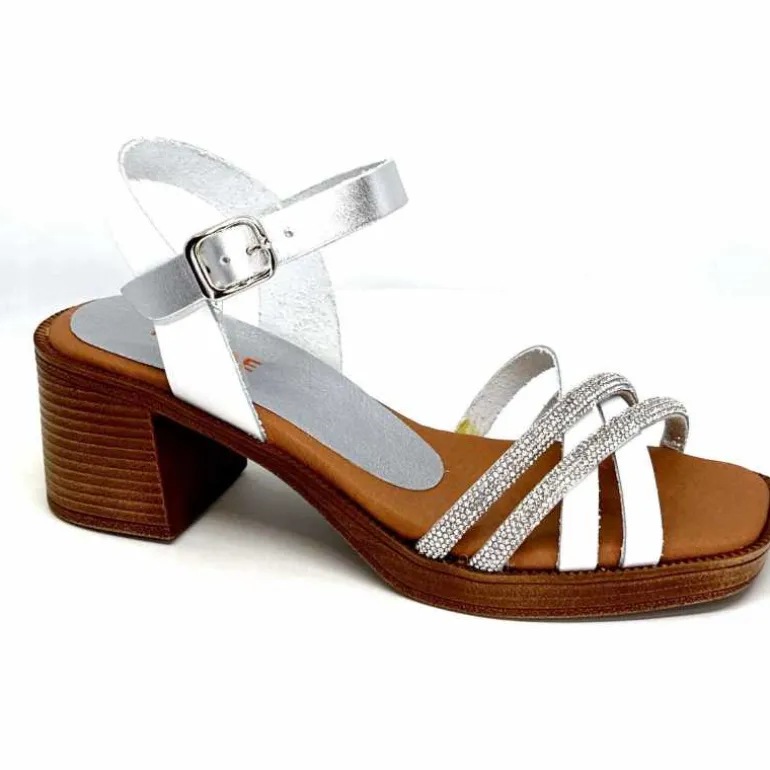380-ivoire Sandales à Talon Ivoire 97701-S Cuir Strass Argent Blanc Discount