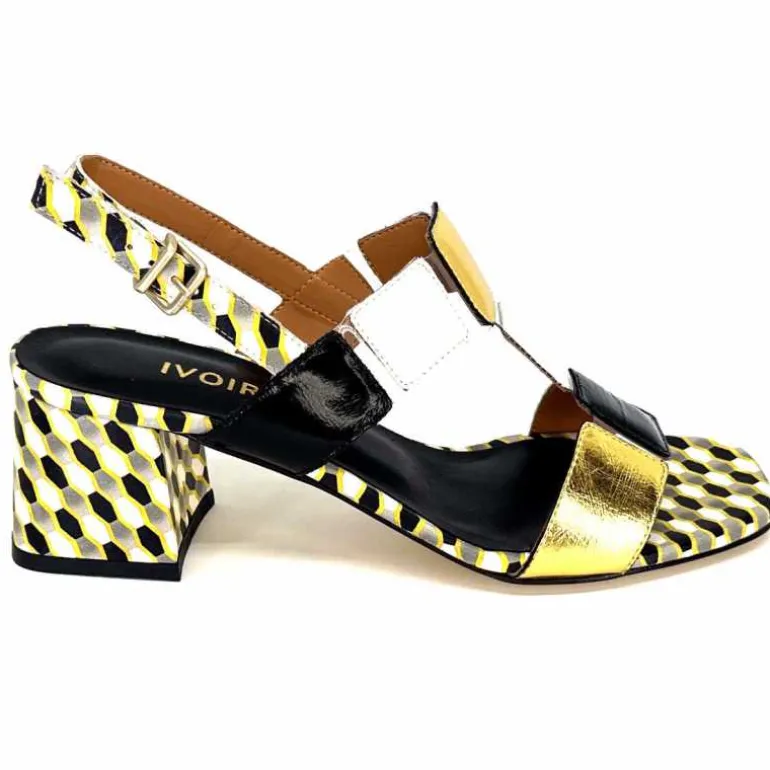 Ivoire0330 Sandales à Talons Ivoire 604 Exagon Cuir Blanc Doré Noir Online