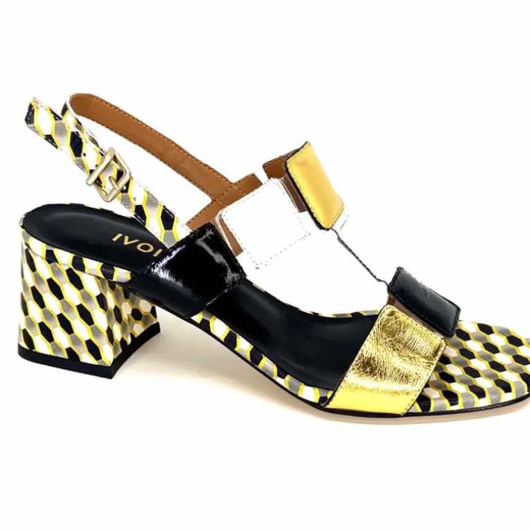 Ivoire0330 Sandales à Talons Ivoire 604 Exagon Cuir Blanc Doré Noir Online