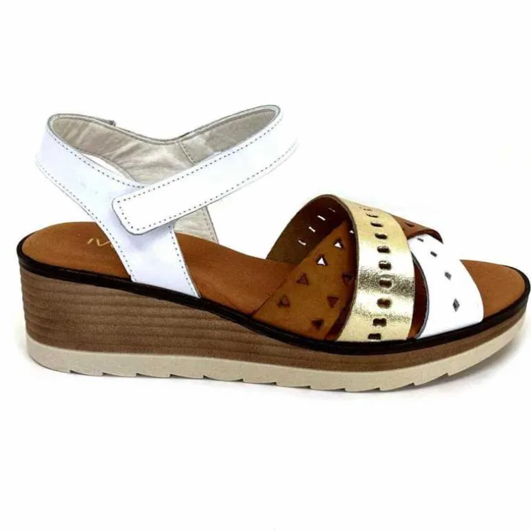 Ivoire0375a Sandales Compensées Ivoire Basse Cuir Blanc Or Marron Hot