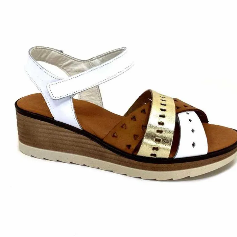 Ivoire0375a Sandales Compensées Ivoire Basse Cuir Blanc Or Marron Hot