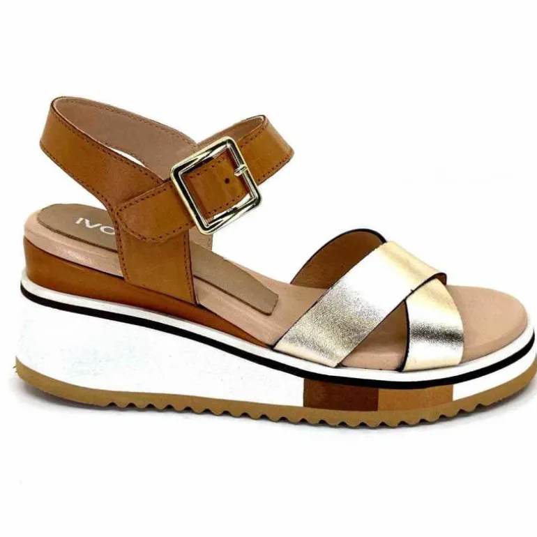 Ivoire0130a Sandales Compensées Ivoire 2F5127 Cuir Marron Or Clearance