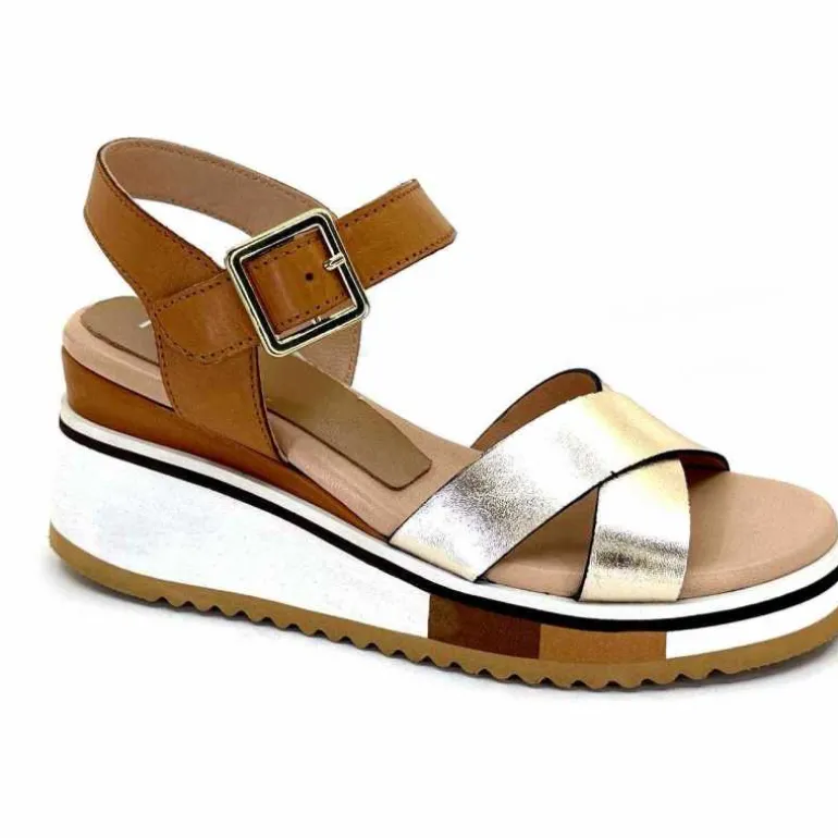 Ivoire0130a Sandales Compensées Ivoire 2F5127 Cuir Marron Or Clearance