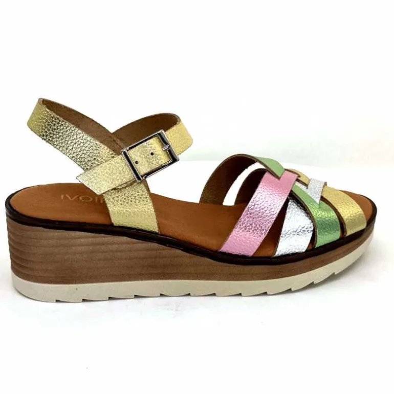 Ivoire0375a Sandales Compensées Ivoire Rene Cuir Métal Or Rose Vert Argent Cheap