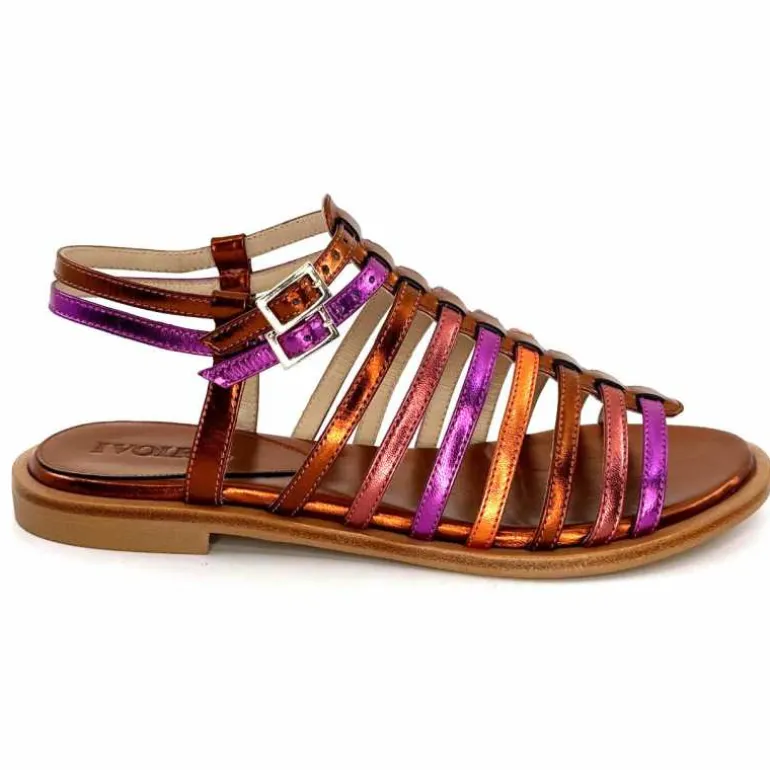 ivoire-395 Sandales Plate Ivoire E10433 Neopolis Cuir Métal Fuchsia Orange Clearance