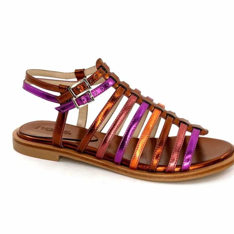 ivoire-395 Sandales Plate Ivoire E10433 Neopolis Cuir Métal Fuchsia Orange Clearance