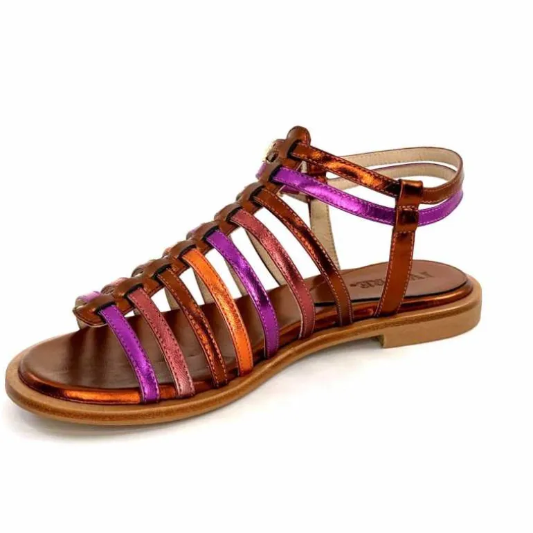 ivoire-395 Sandales Plate Ivoire E10433 Neopolis Cuir Métal Fuchsia Orange Clearance