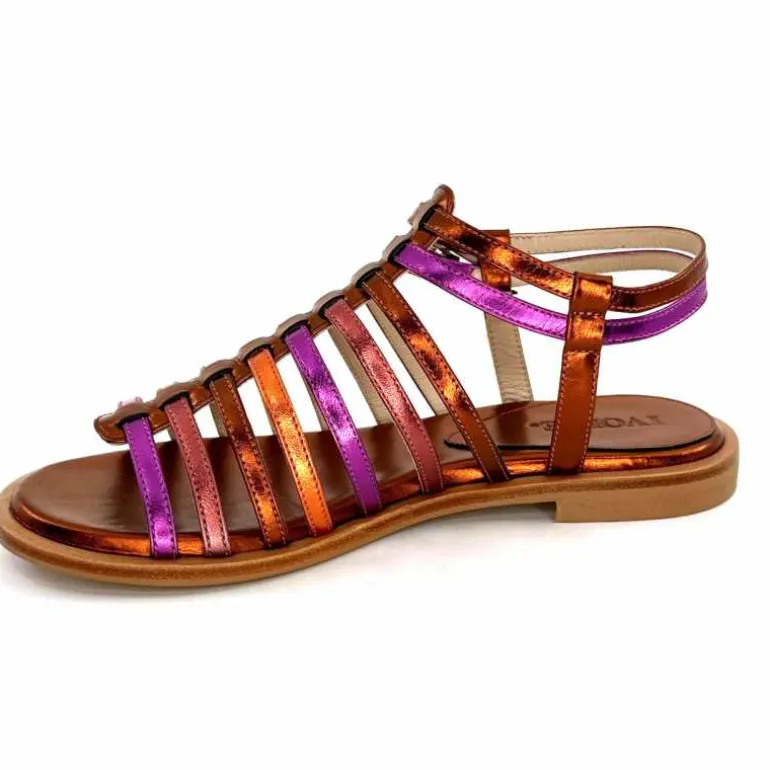 ivoire-395 Sandales Plate Ivoire E10433 Neopolis Cuir Métal Fuchsia Orange Clearance