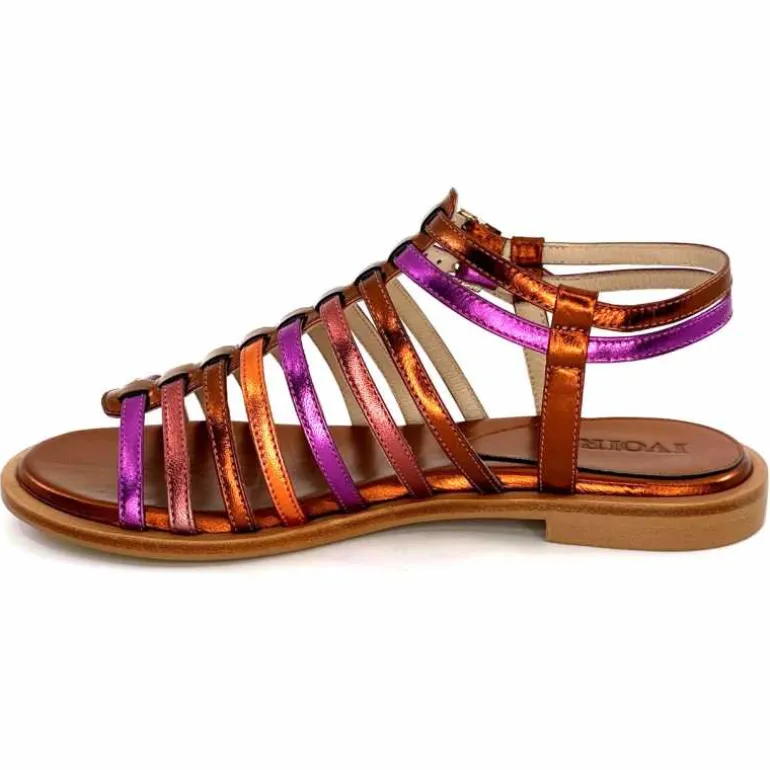 ivoire-395 Sandales Plate Ivoire E10433 Neopolis Cuir Métal Fuchsia Orange Clearance