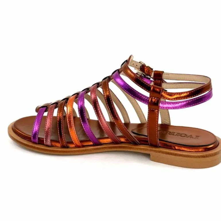 ivoire-395 Sandales Plate Ivoire E10433 Neopolis Cuir Métal Fuchsia Orange Clearance