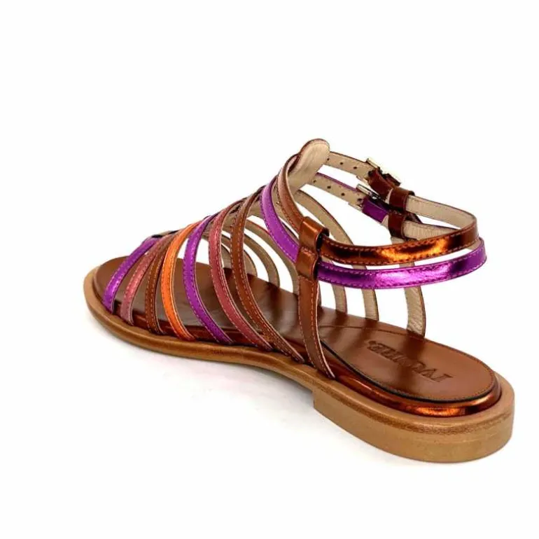 ivoire-395 Sandales Plate Ivoire E10433 Neopolis Cuir Métal Fuchsia Orange Clearance