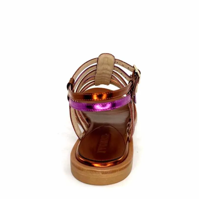 ivoire-395 Sandales Plate Ivoire E10433 Neopolis Cuir Métal Fuchsia Orange Clearance