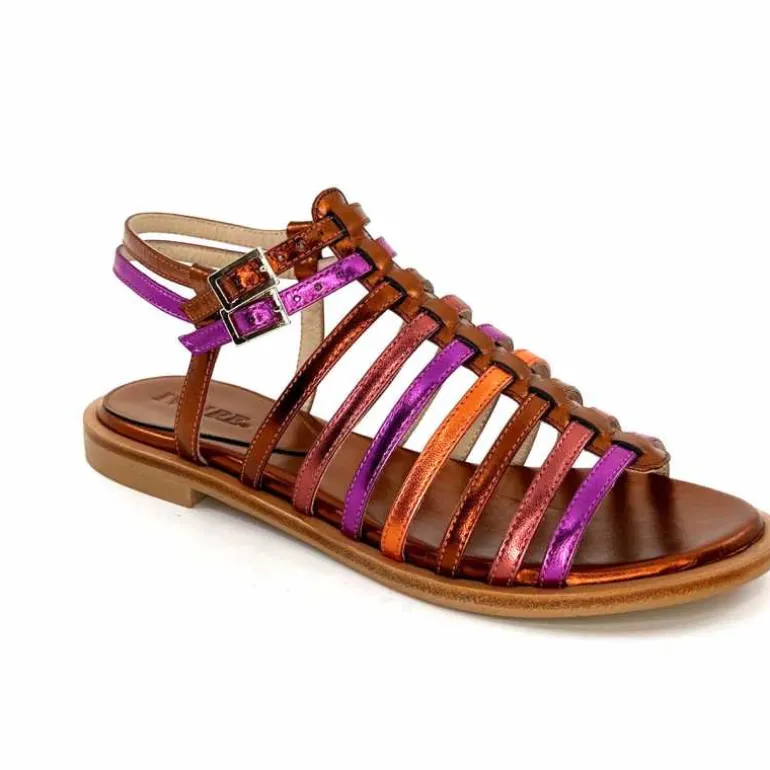 ivoire-395 Sandales Plate Ivoire E10433 Neopolis Cuir Métal Fuchsia Orange Clearance