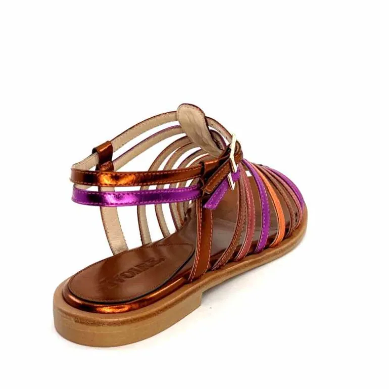 ivoire-395 Sandales Plate Ivoire E10433 Neopolis Cuir Métal Fuchsia Orange Clearance