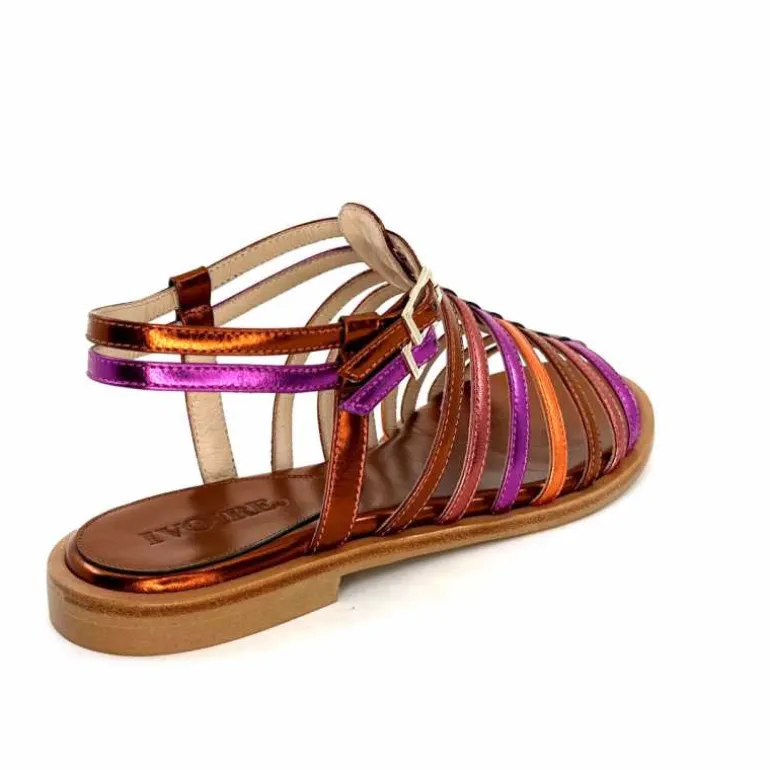 ivoire-395 Sandales Plate Ivoire E10433 Neopolis Cuir Métal Fuchsia Orange Clearance