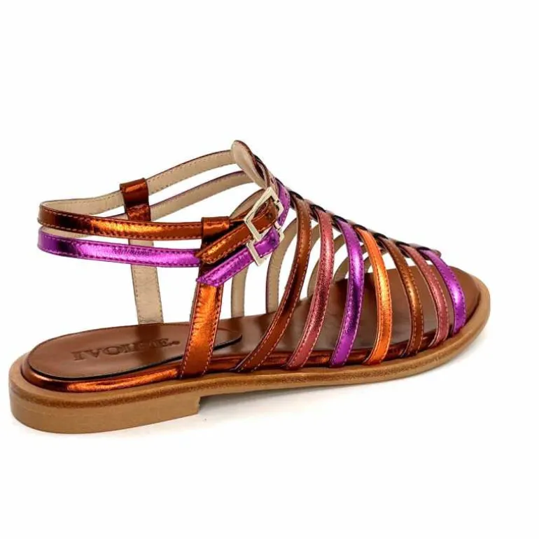ivoire-395 Sandales Plate Ivoire E10433 Neopolis Cuir Métal Fuchsia Orange Clearance