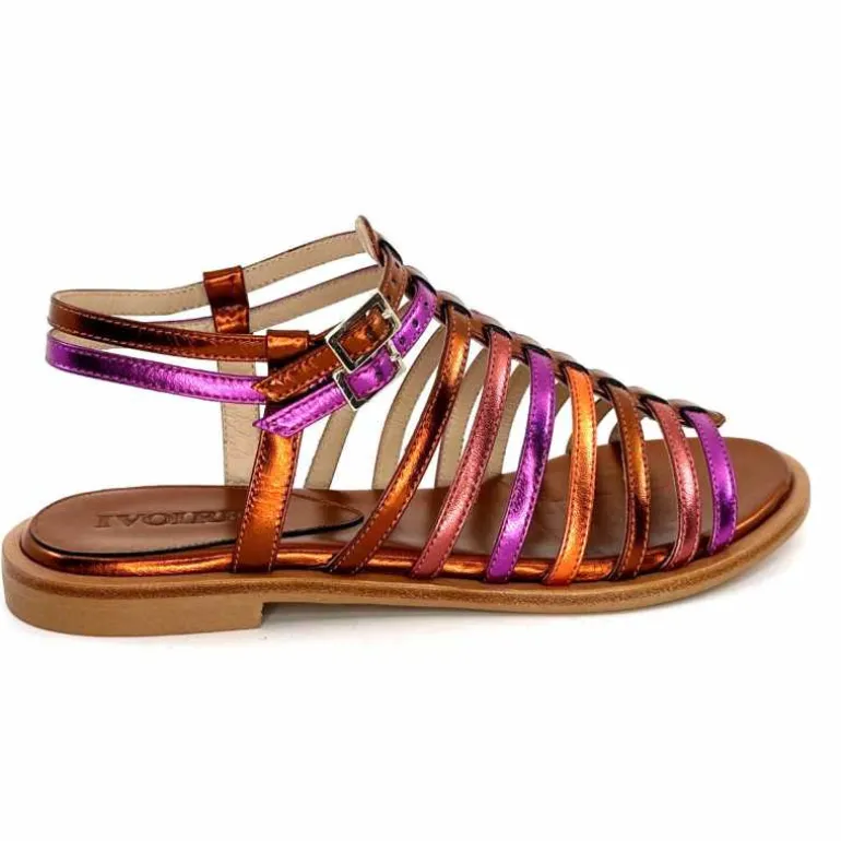 ivoire-395 Sandales Plate Ivoire E10433 Neopolis Cuir Métal Fuchsia Orange Clearance
