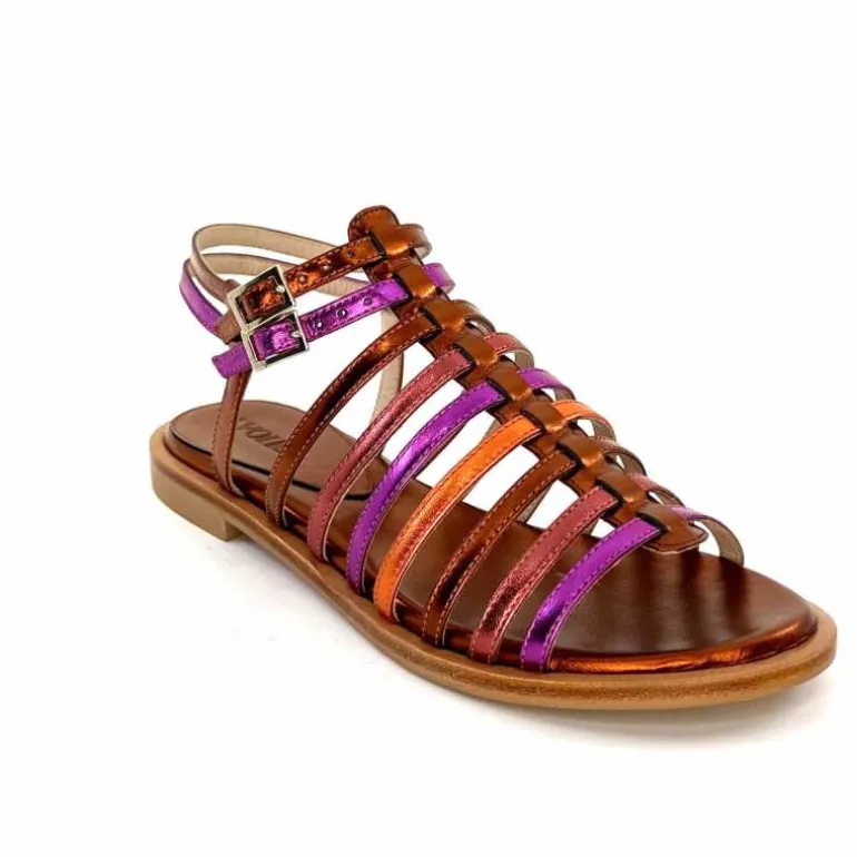 ivoire-395 Sandales Plate Ivoire E10433 Neopolis Cuir Métal Fuchsia Orange Clearance