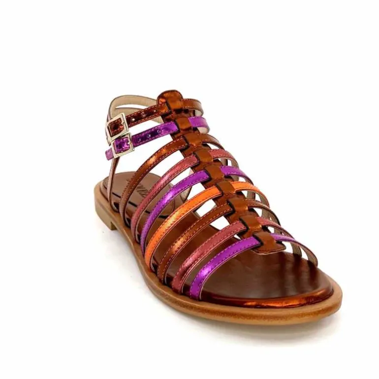 ivoire-395 Sandales Plate Ivoire E10433 Neopolis Cuir Métal Fuchsia Orange Clearance