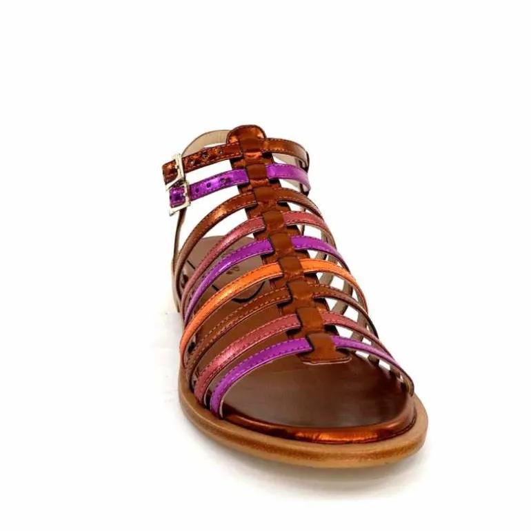 ivoire-395 Sandales Plate Ivoire E10433 Neopolis Cuir Métal Fuchsia Orange Clearance