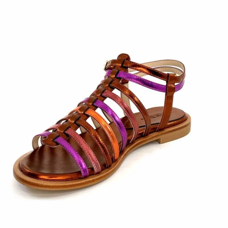 ivoire-395 Sandales Plate Ivoire E10433 Neopolis Cuir Métal Fuchsia Orange Clearance