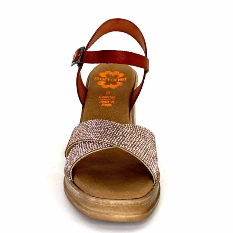 Porronet Sandales Plateforme à Talon Fi 2973 Cuir Strass Rose Rouille Outlet